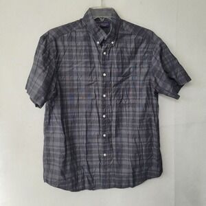 Roundtree & Yorke Mens L‎ Plaid Short Sleeve Button Down Shirt Gray Black Casual